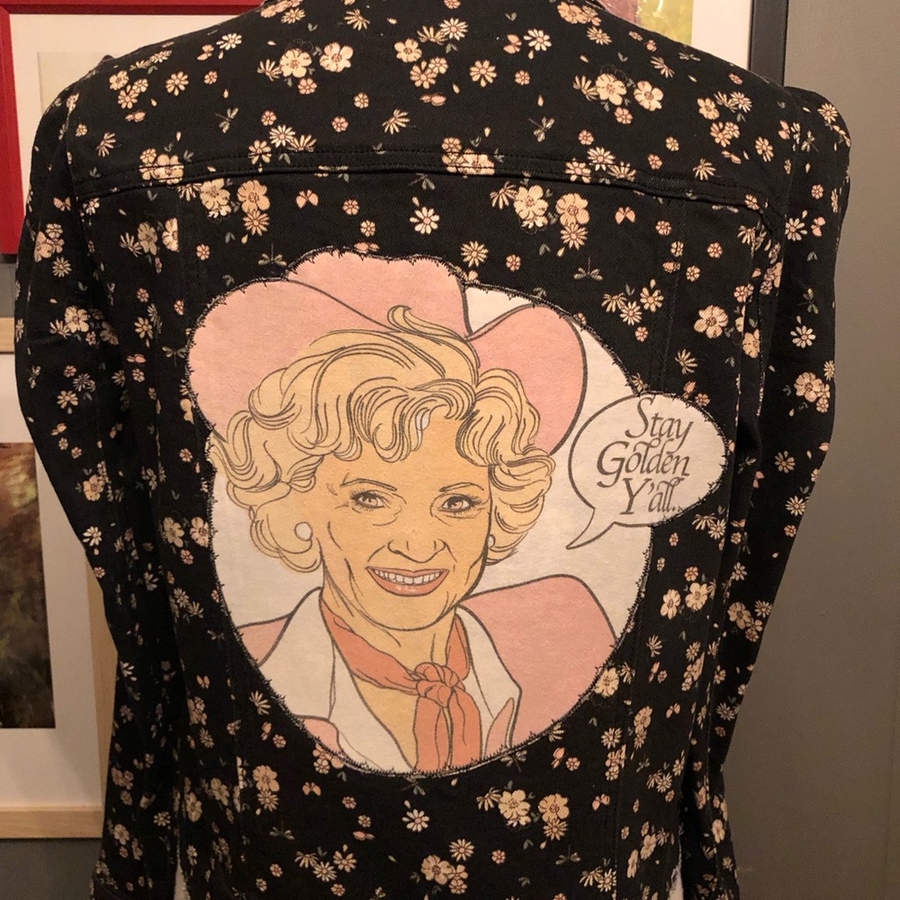 Golden Girls Up-Cycled Floral Puff Sleeve Black Denim Jacket Women’s Size Large